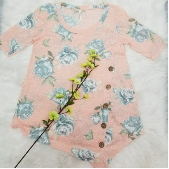 Short sleeved asymmetrical floral tee Pink Grey - Picture 3 of 3